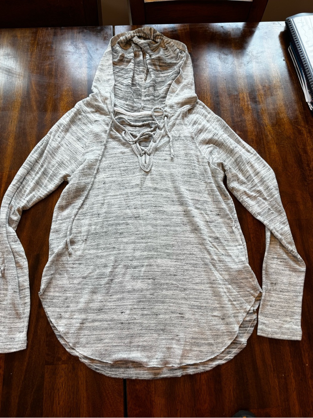 American Eagle Outfitters Soft & Sexy Light Gray Lace-Up Hooded Women's Top M